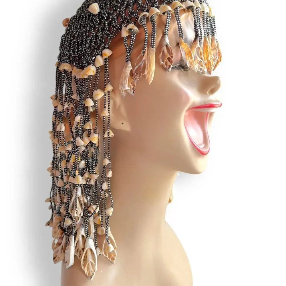 1970s Cleopatra Cowrie Fringe Seashell Egyptian Silver Flapper Headdress Vintage